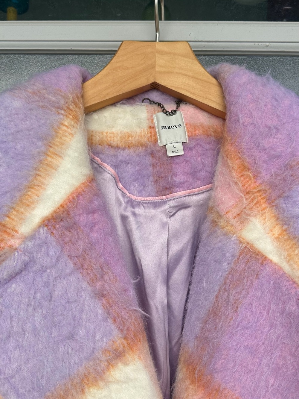 Anthropologie Maeve Pastel Plaid Long Faux Fur Peacoat Winter Coat - Large - Picture 8 of 9